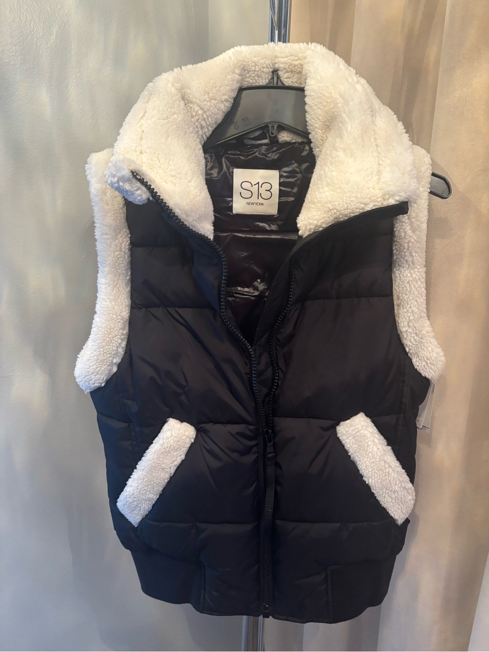 S13 Black Quilted Puffer Vest with Cream Sherpa Trim
